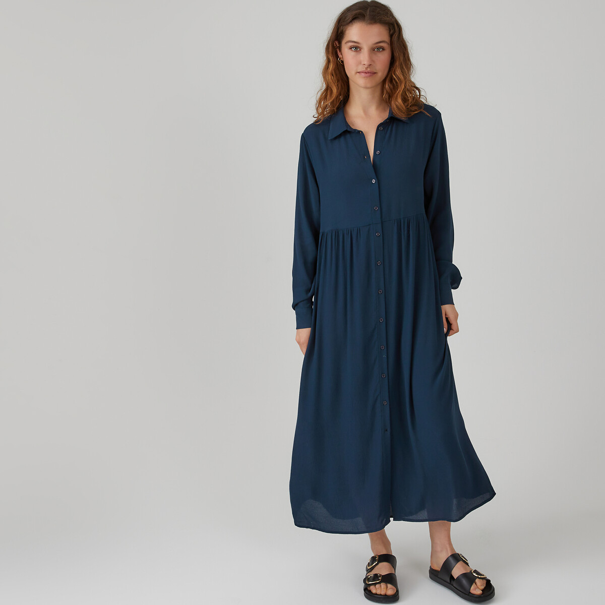 Платье-рубашка расклешенное длинное с длинными рукавами  58 синий LaRedoute, размер 58 - фото 1