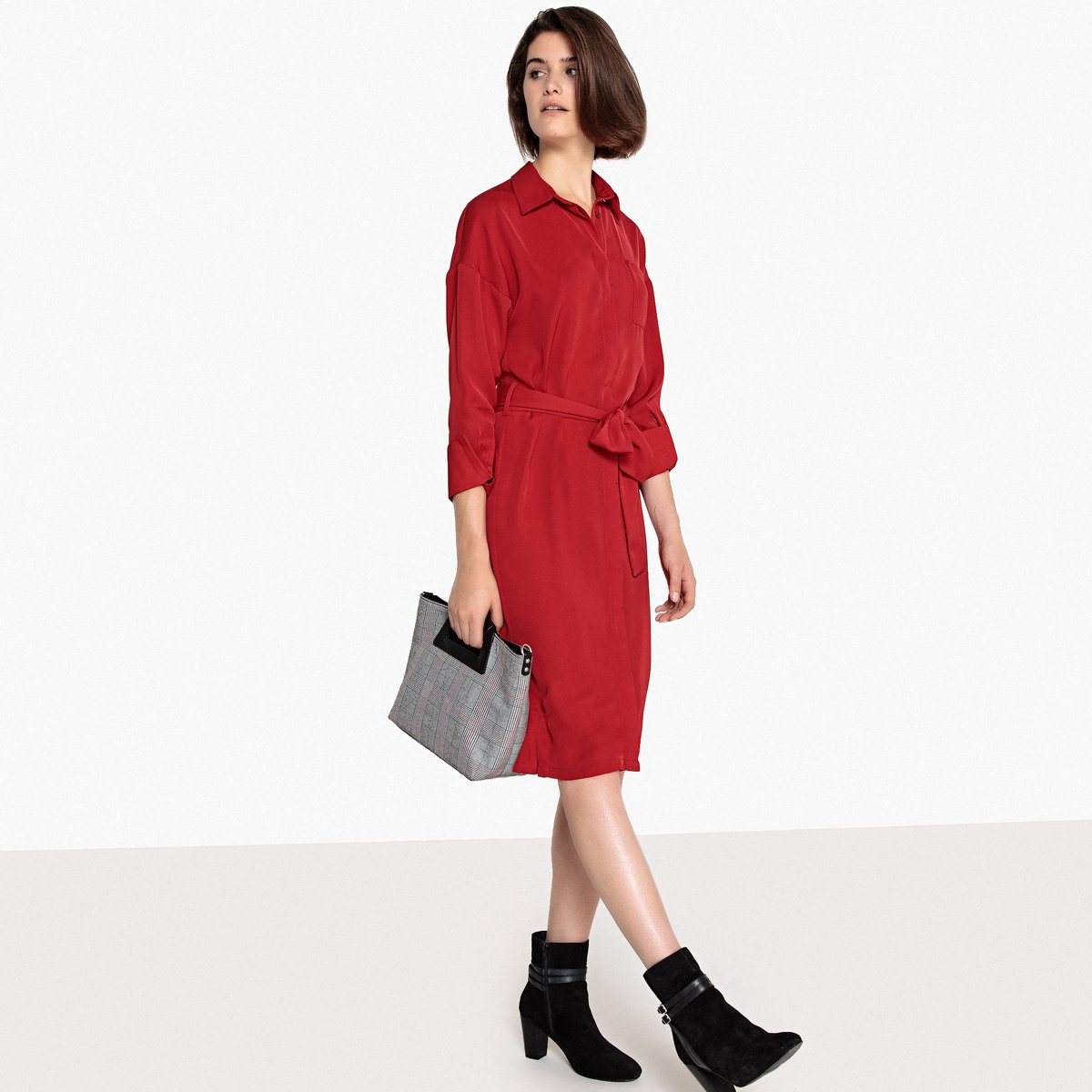 Платье-рубашка LA REDOUTE COLLECTIONS Платье-рубашка Прямого покроя с поясом и длинными рукавами 40 красный, размер 40 - фото 2