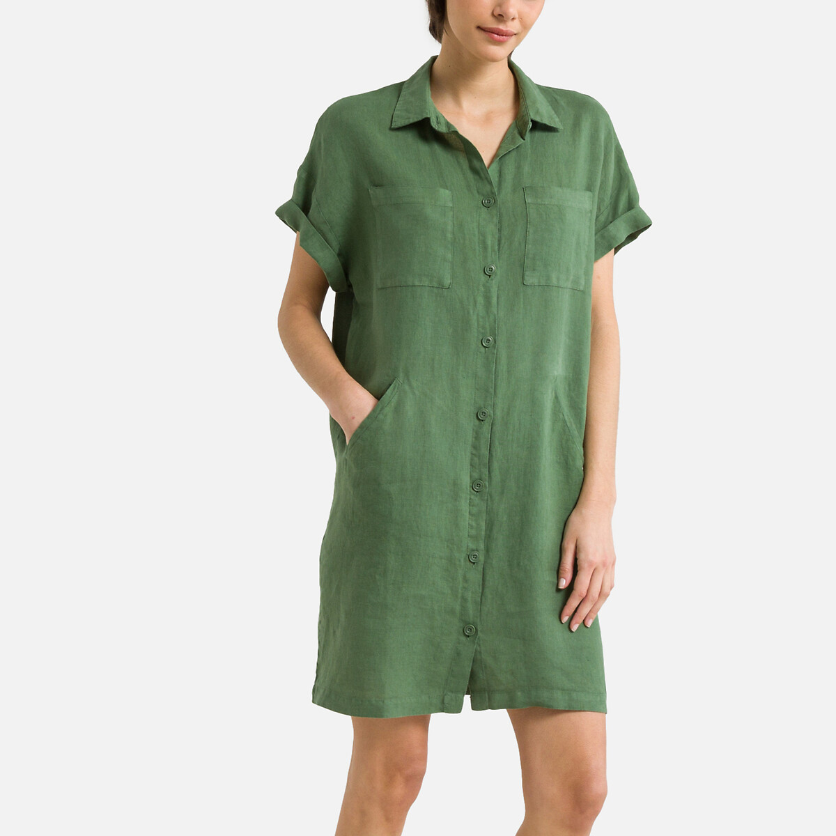 Платье Прямое из льна с короткими рукавами ELINE 46 зеленый