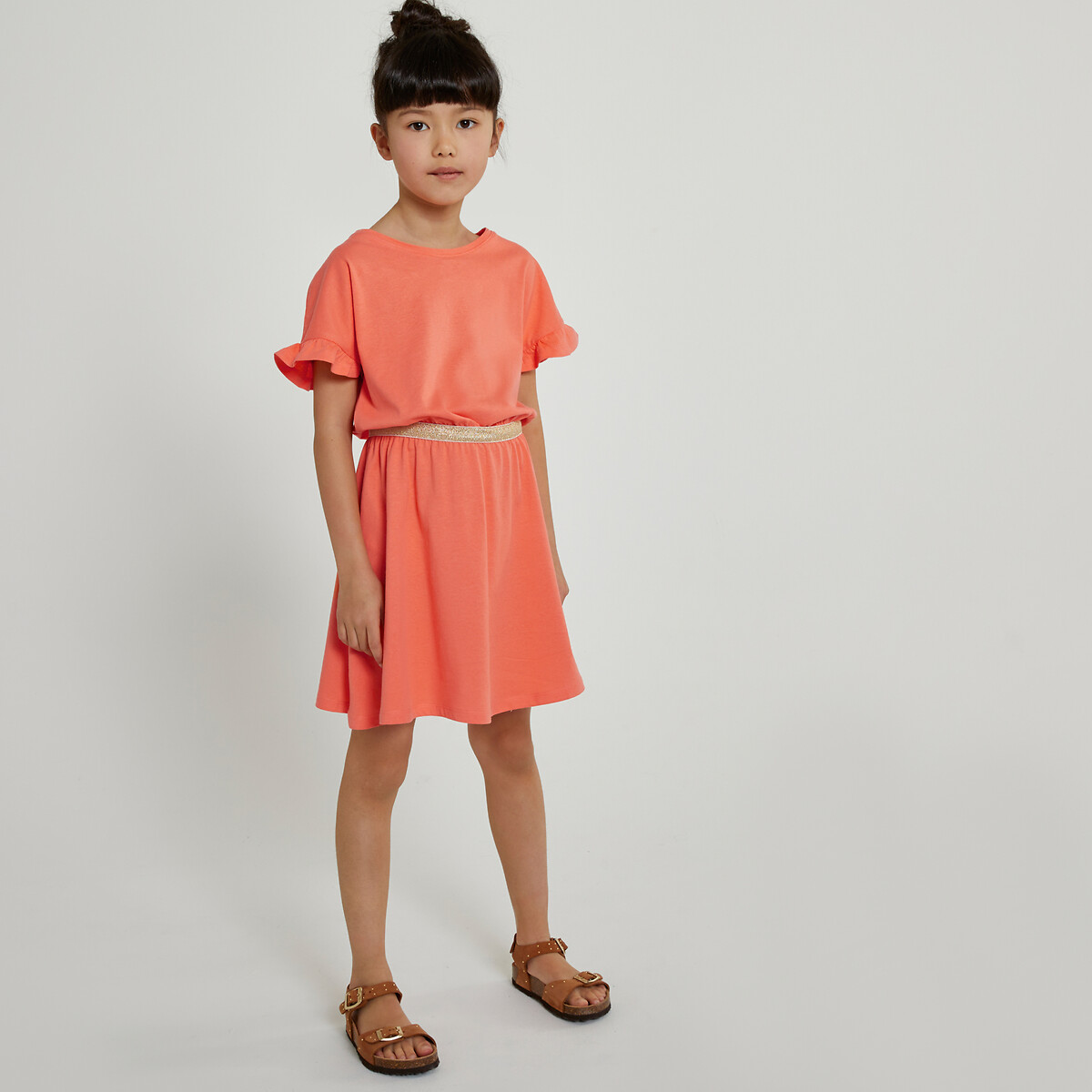 Платье с короткими рукавами с воланами  10 лет - 138 см оранжевый LaRedoute, размер 10 лет - 138 см