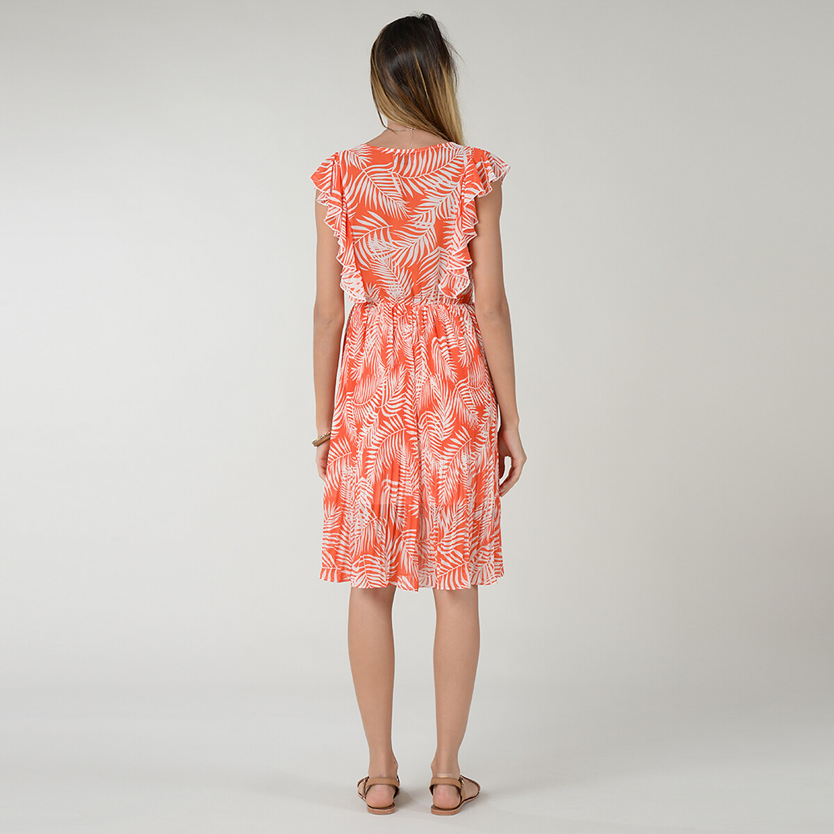 Платье LaRedoute Короткое с рисунком вставки с воланами V-образный вырез S оранжевый, размер S - фото 3