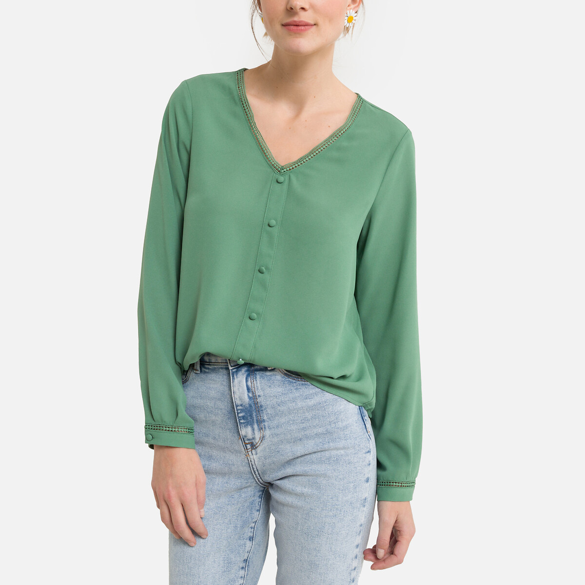 Блузка ONLY Короткая с пуговицами и v-образным вырезом M зеленый, размер M - фото 1