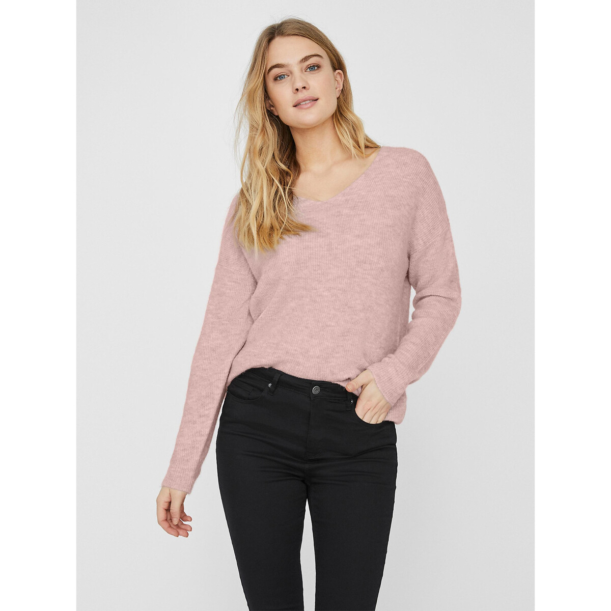 Пуловер с V-образным вырезом из пушистого трикотажа XS розовый пуловер с v образным вырезом из тонкого трикотажа xs розовый