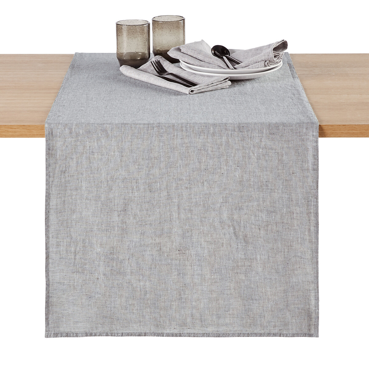 Дорожка LaRedoute Столовая из ткани шамбре из осветленного льна Victorine 50 x 150 см серый, размер 50 x 150 см