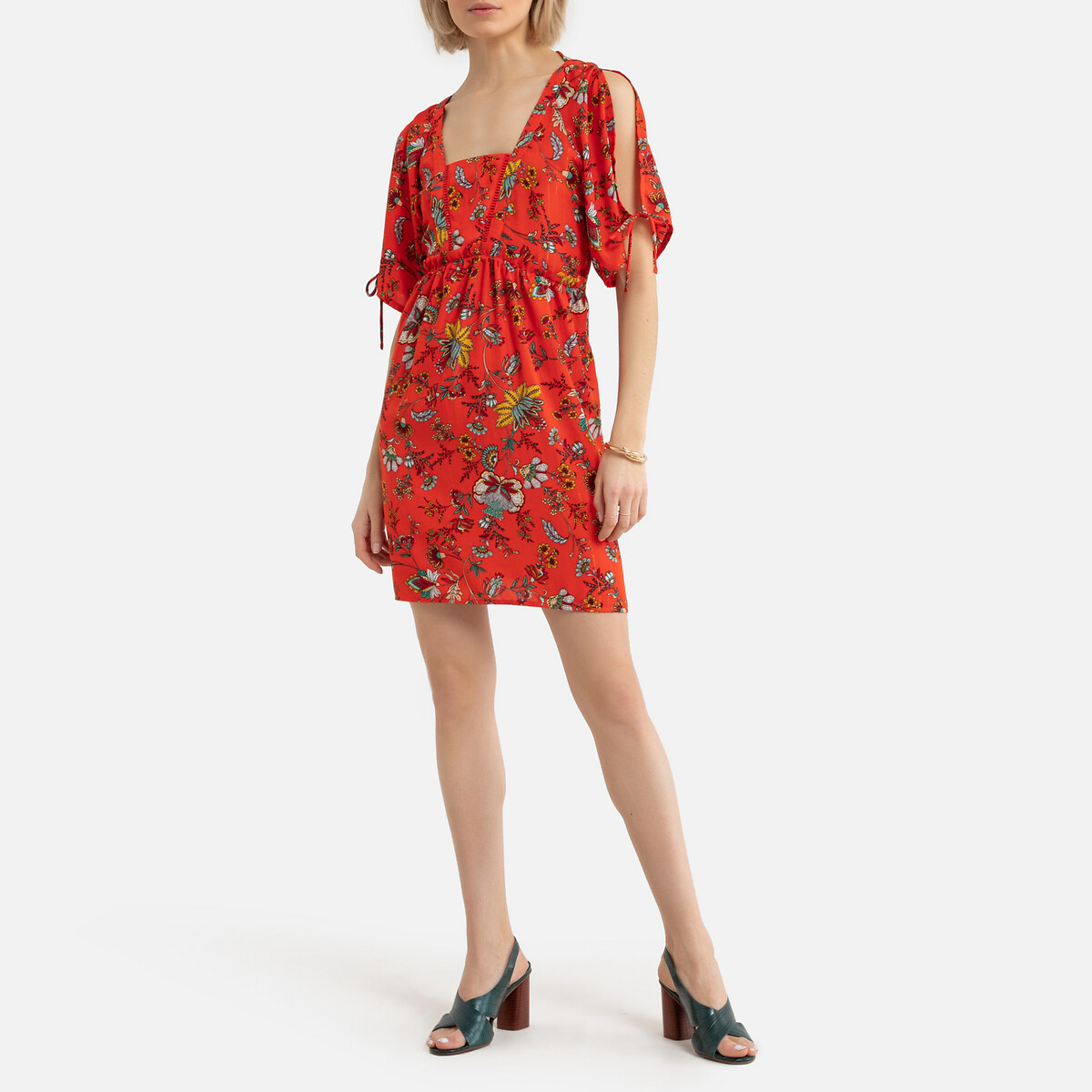 Платье LaRedoute С цветочным принтом квадратный вырез открытая спинка с завязками L красный, размер L - фото 2