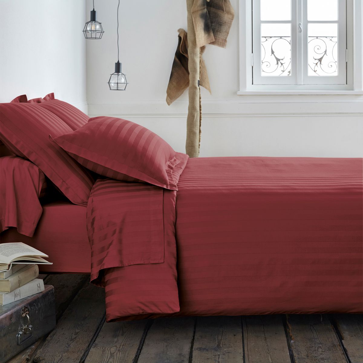 Housse de couette, satin de coton, tissage rayé