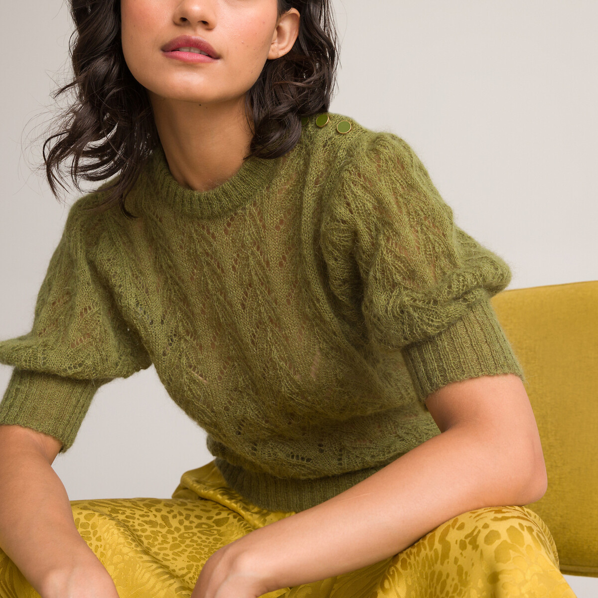 Пуловер С круглым вырезом и короткими рукавами сделано в Европе M зеленый