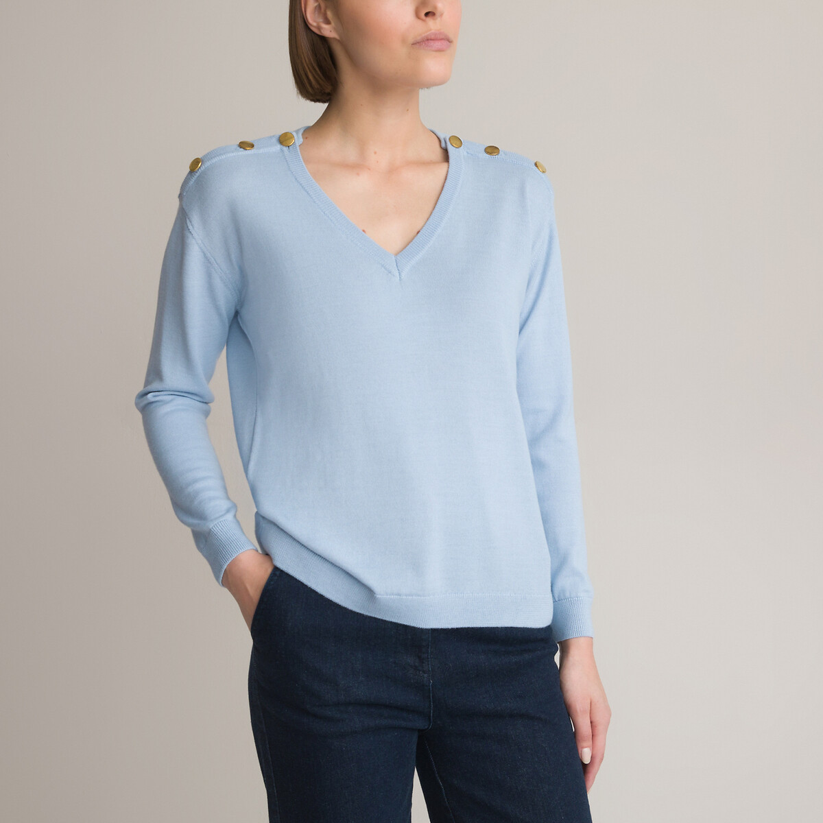 Пуловер с V-образным вырезом из тонкого трикотажа смешанная шерсть 50/52 (FR) - 56/58 (RUS) синий