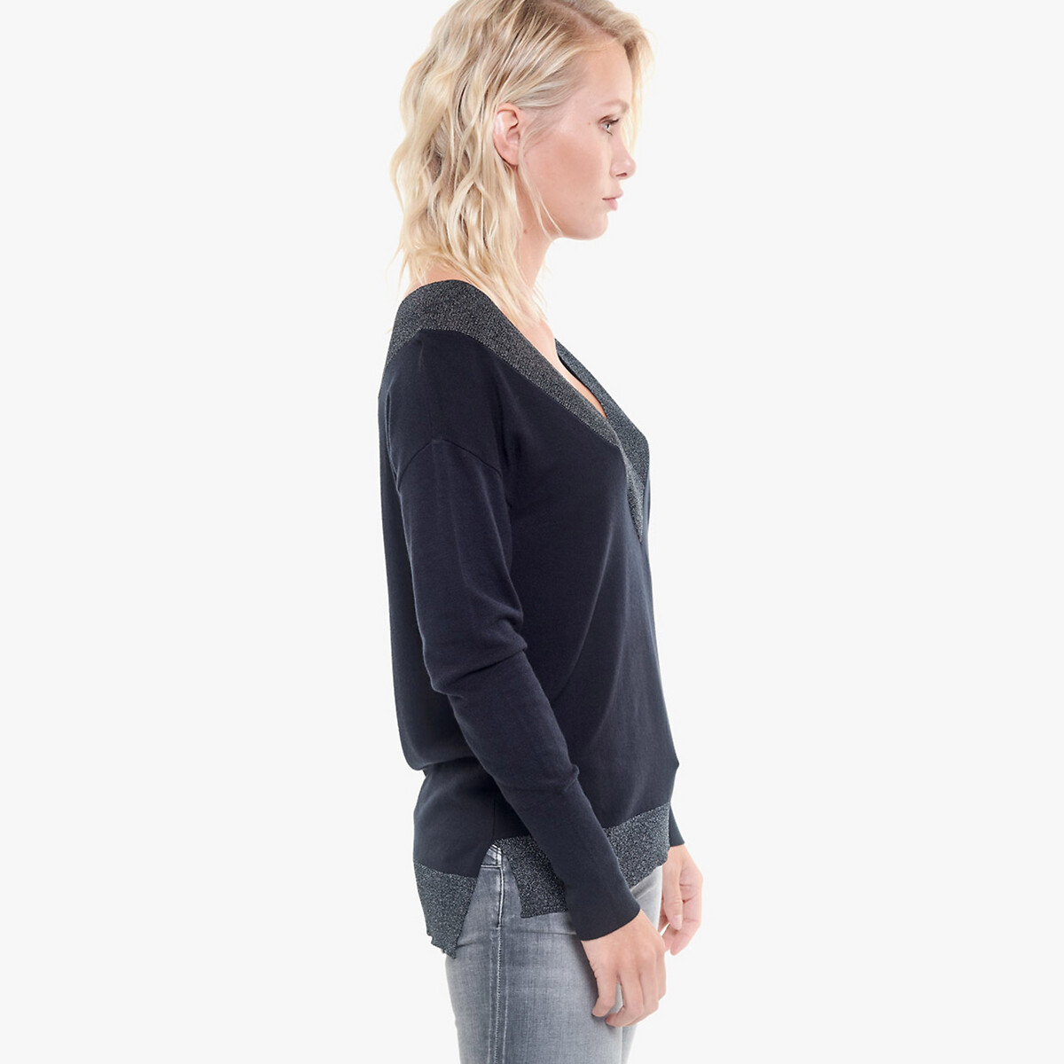 Пуловер La Redoute Из тонкого трикотажа V-образный вырез XS синий, размер XS - фото 4