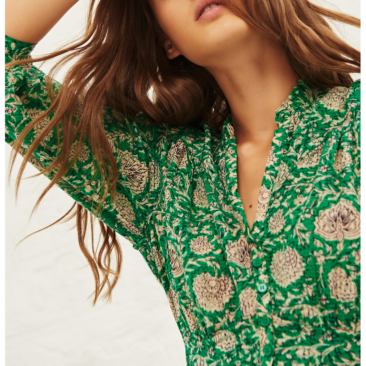 Платье LaRedoute Короткое расклешенное с цветочным рисунком и рукавами 34 0(XS) зеленый, размер 0(XS) Короткое расклешенное с цветочным рисунком и рукавами 34 0(XS) зеленый - фото 1