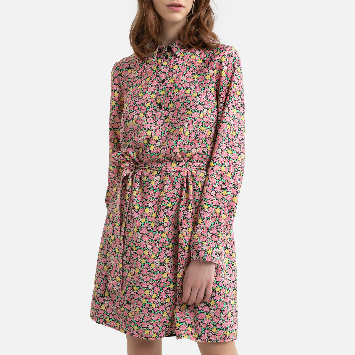 Платье-рубашка С принтом прямой покрой с завязками XS розовый