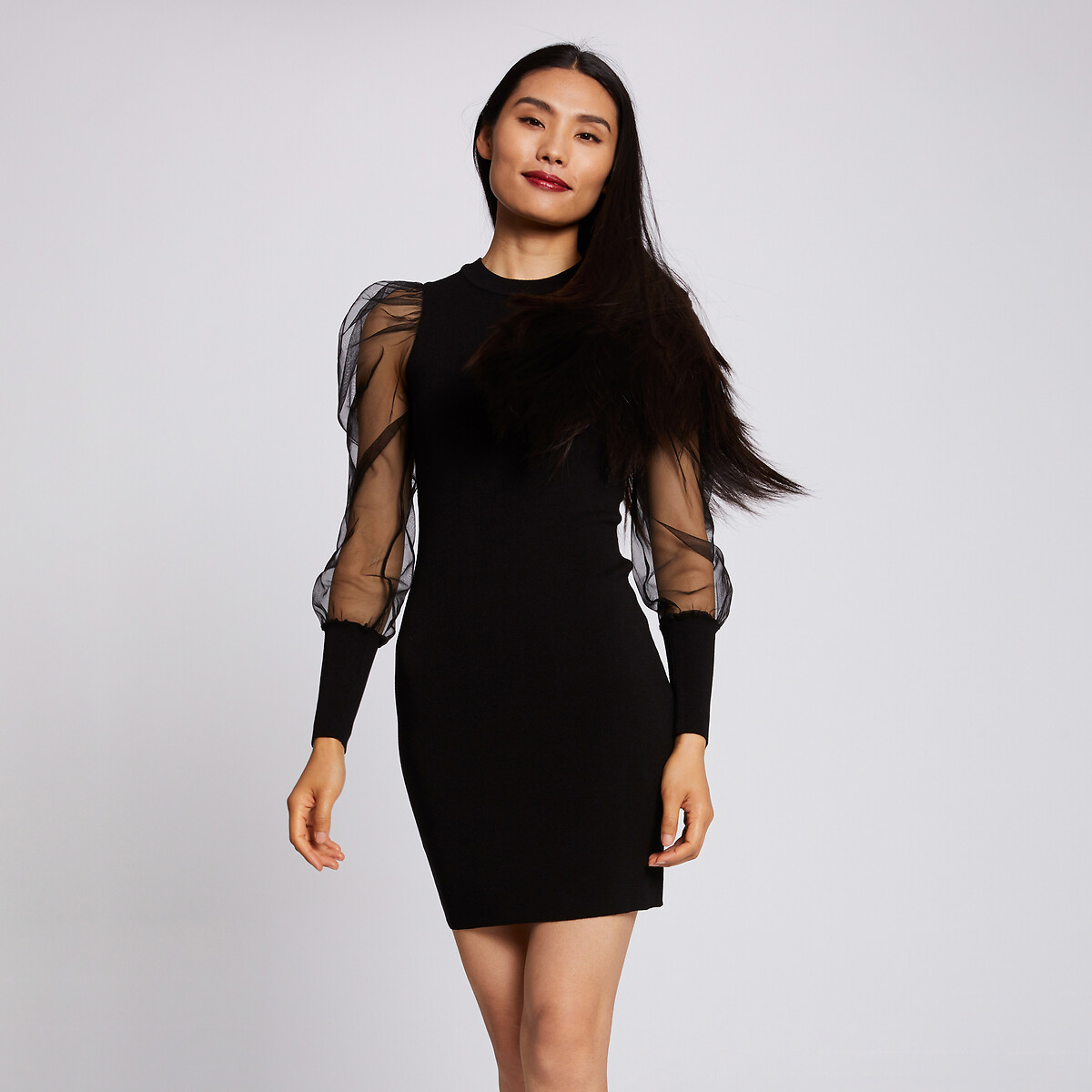 Платье La Redoute Из трикотажа короткое прозрачные рукава M черный, размер M - фото 3
