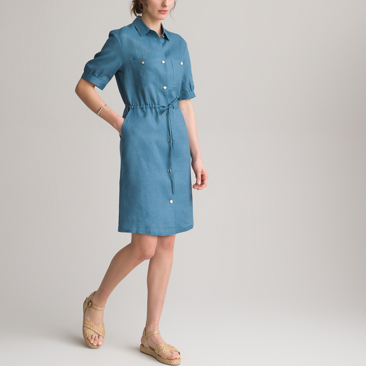Платье-миди ANNE WEYBURN Прямое с короткими рукавами из льна 54 синий, размер 54 - фото 2