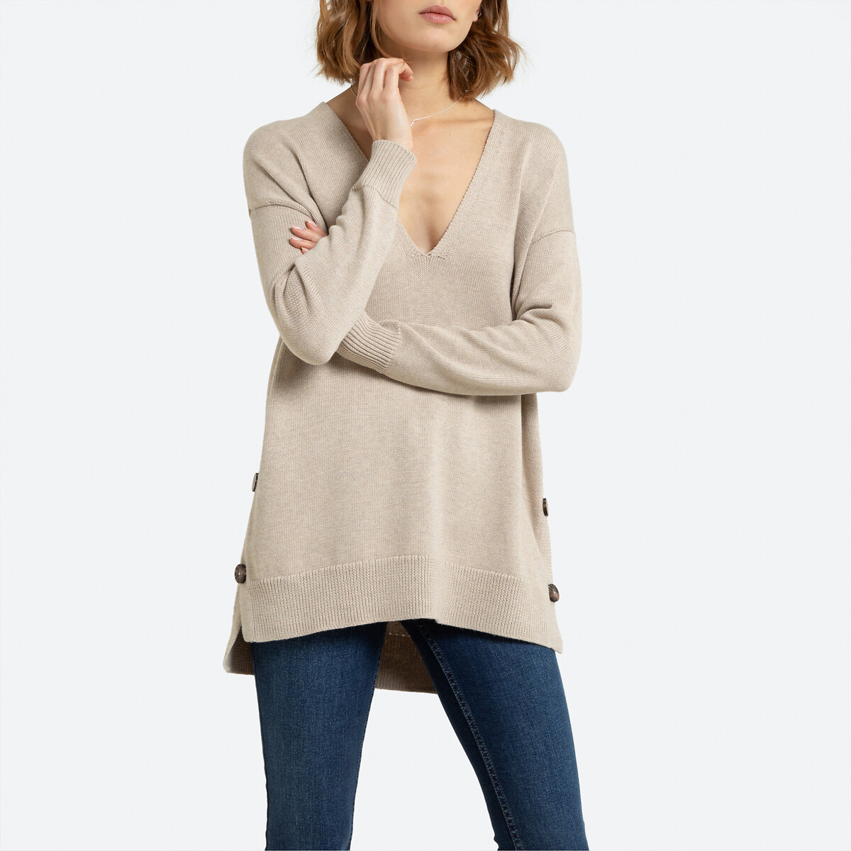 Пуловер La Redoute С V-образным вырезом на пуговицах сбоку XL бежевый, размер XL - фото 1