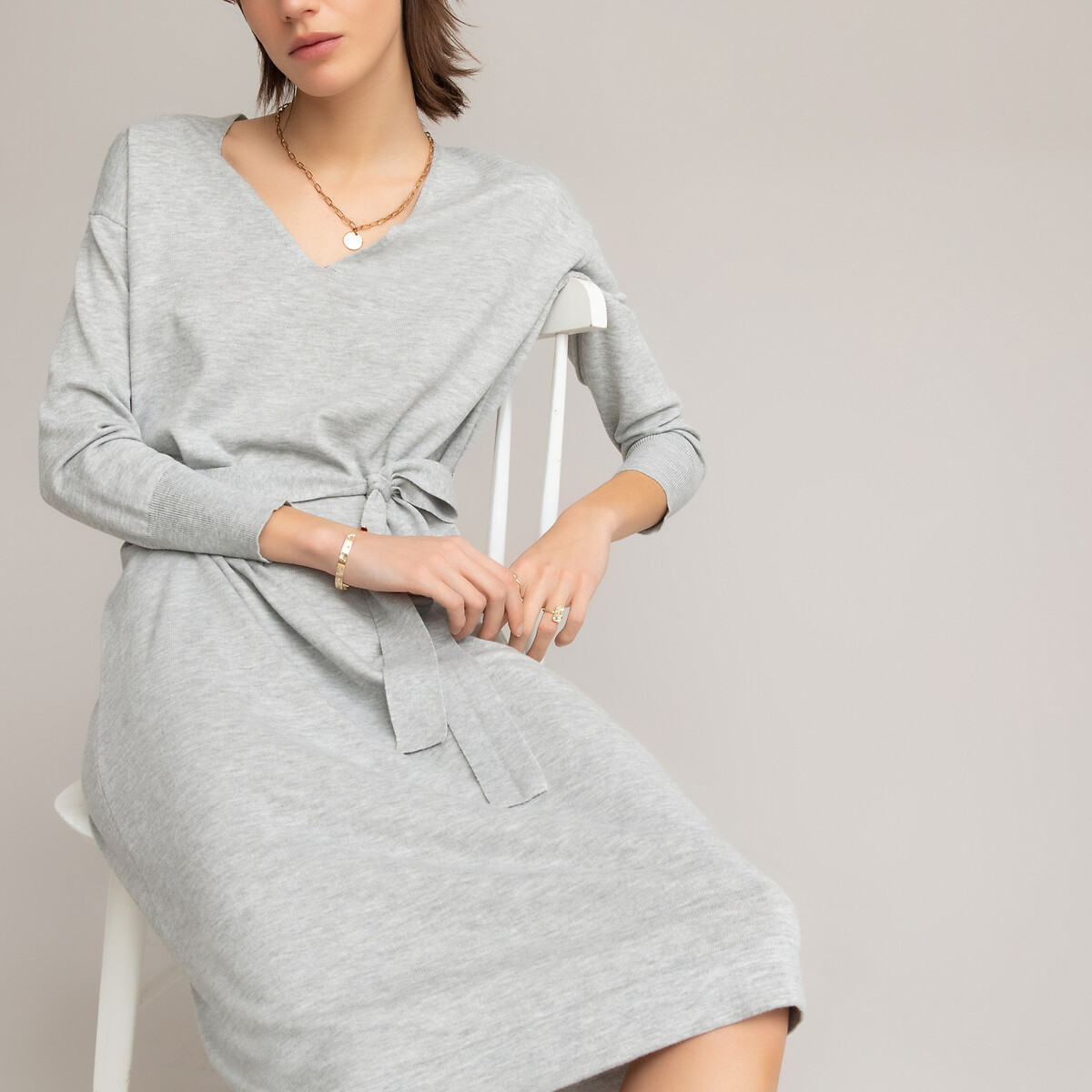 Платье-пуловер LaRedoute С v-образным вырезом и длинными рукавами M серый, размер M - фото 2