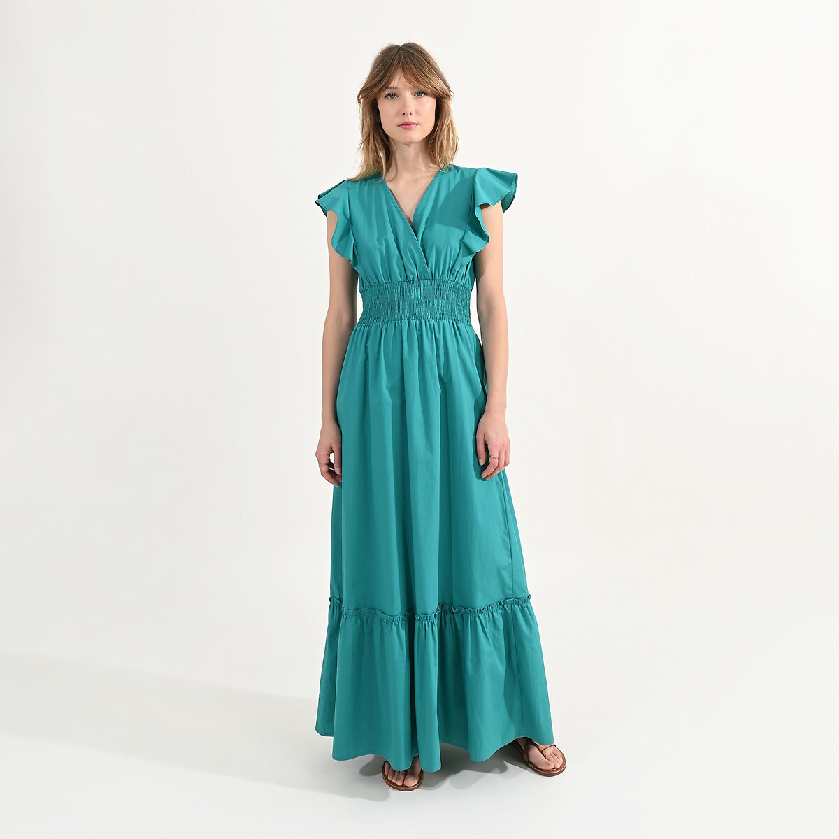 Платье длинное с воланами вырез с запахом  XS зеленый