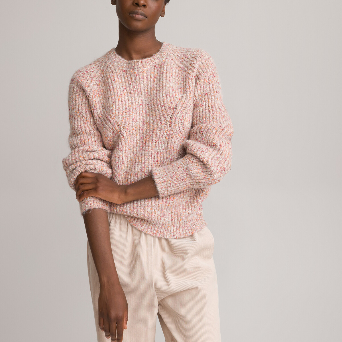 Пуловер с круглым вырезом из трикотажа мулине XL розовый