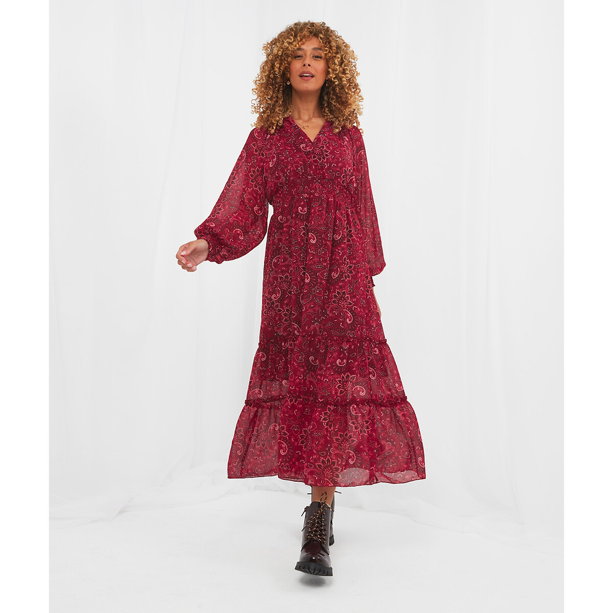 Платье JOE BROWNS Платье Из вуали пояс со сборками принт пейсли 42 розовый, размер 42 - фото 1