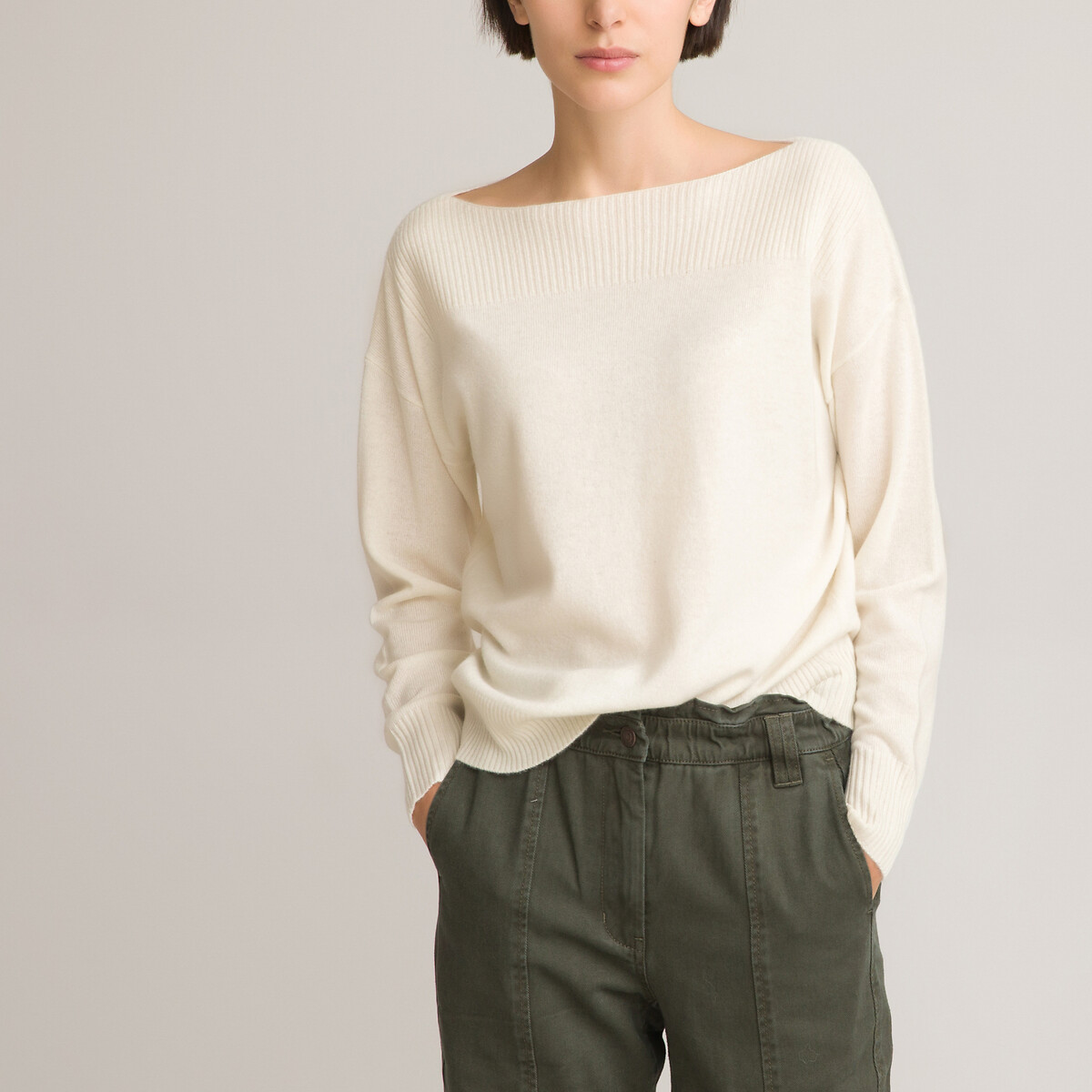 Пуловер С вырезом-лодочкой из кашемира тонкий трикотаж M белый