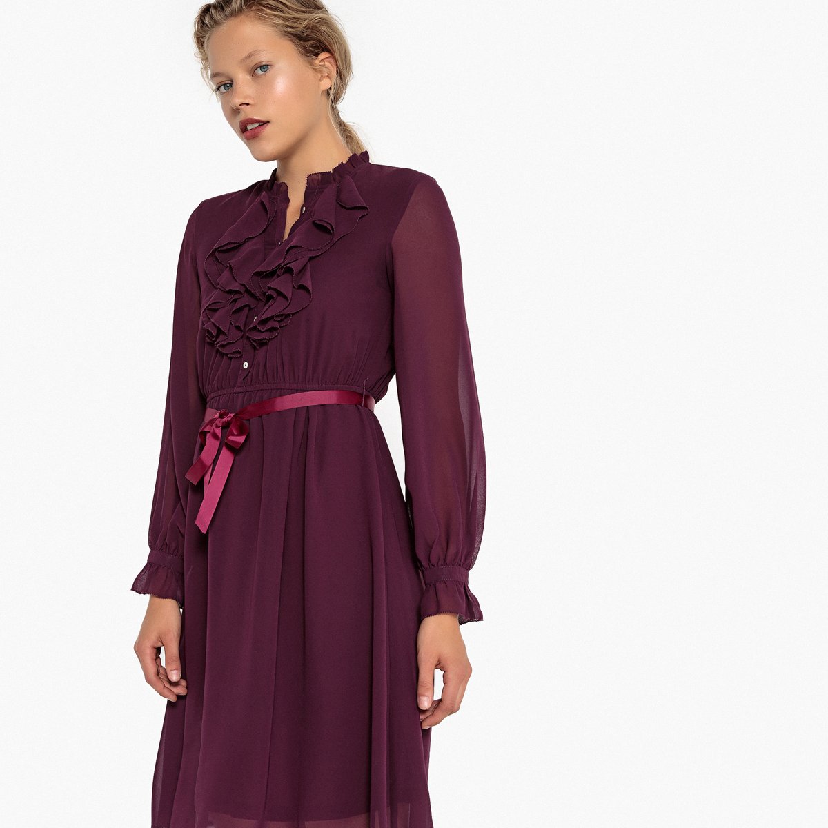 

Платье-миди расклешенное с длинными рукавами из вуали, Бордовый;темно-синий