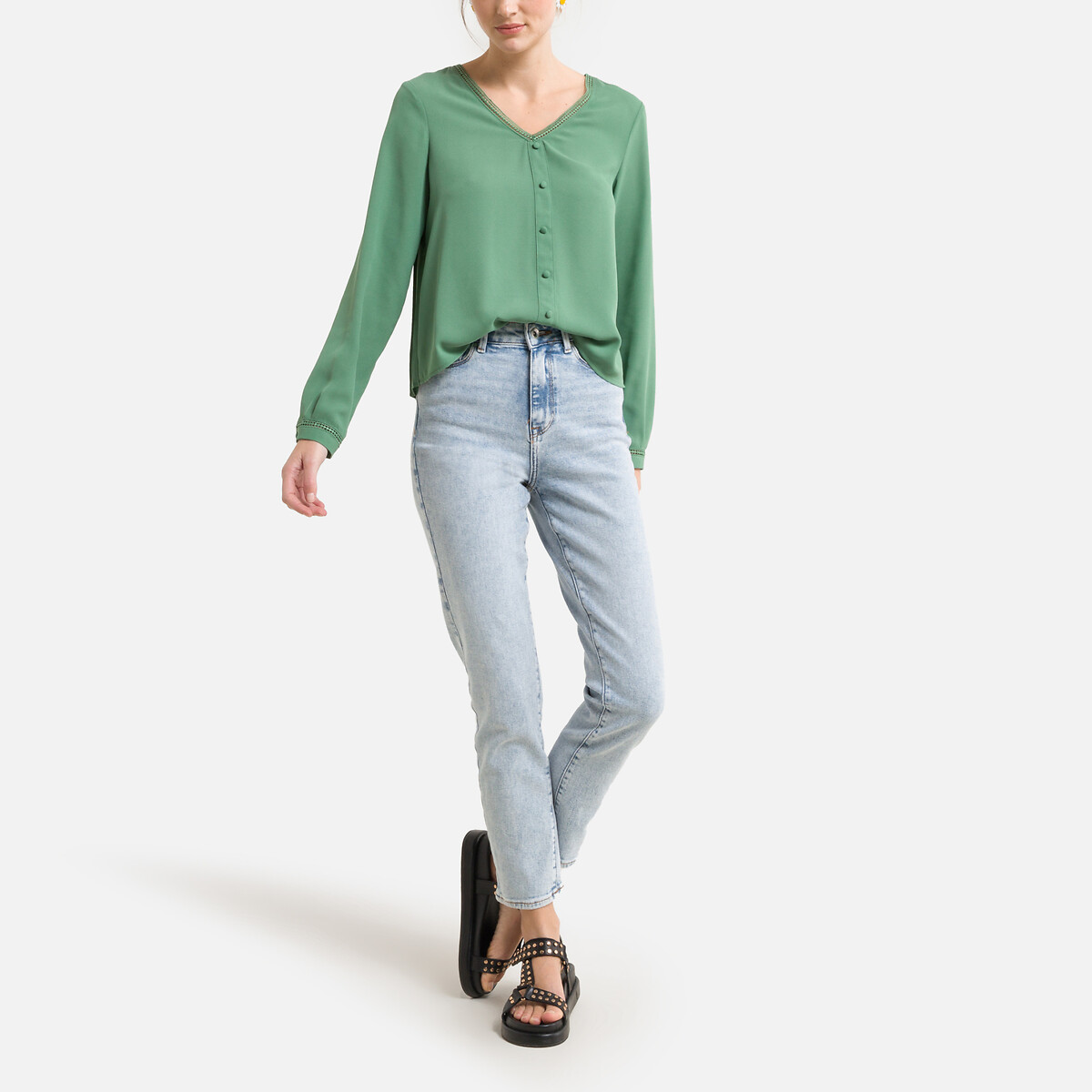 Блузка ONLY Короткая с пуговицами и v-образным вырезом M зеленый, размер M - фото 2