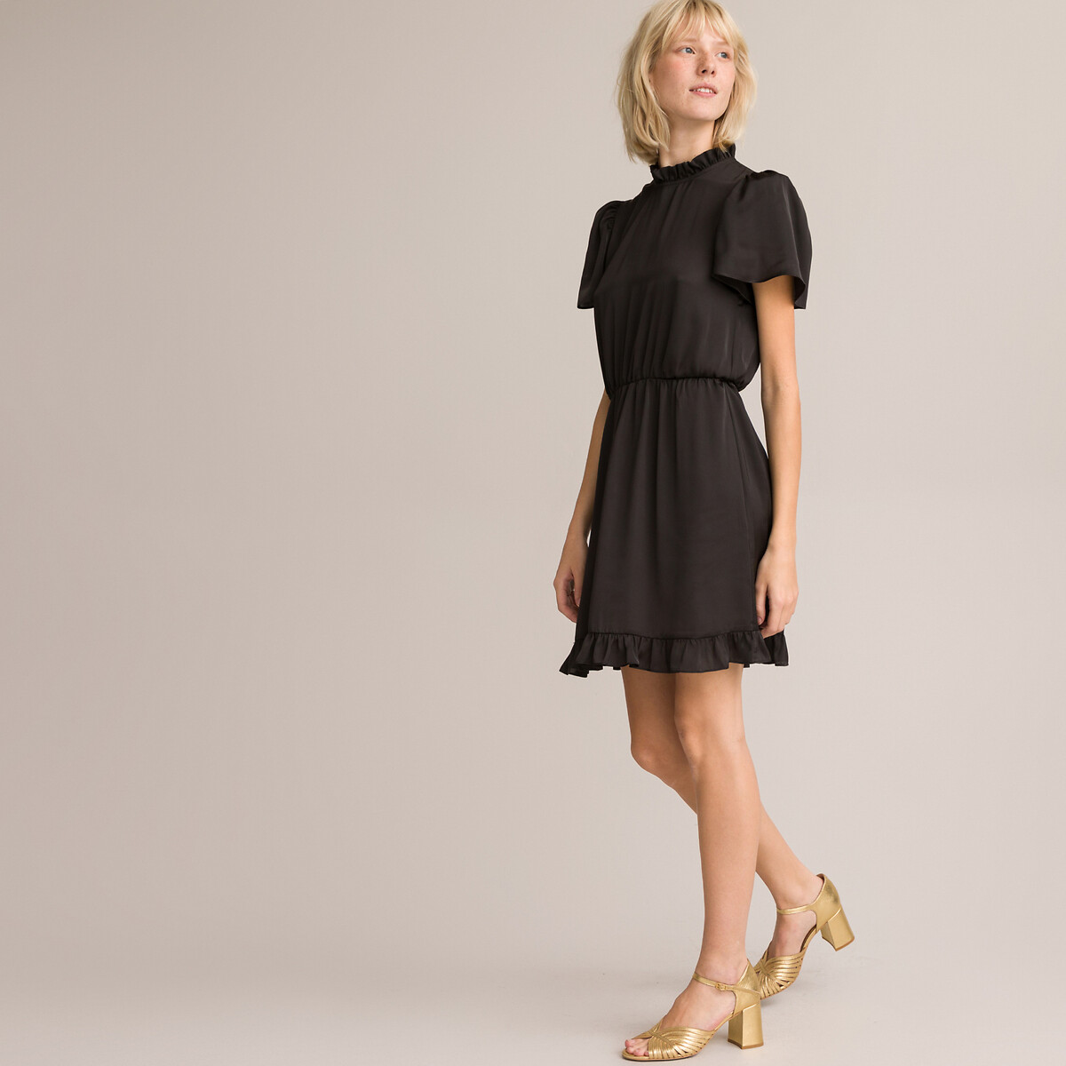 Платье Короткое воротник-стойка с воланом короткие рукава 46 черный LaRedoute, размер 46 - фото 2