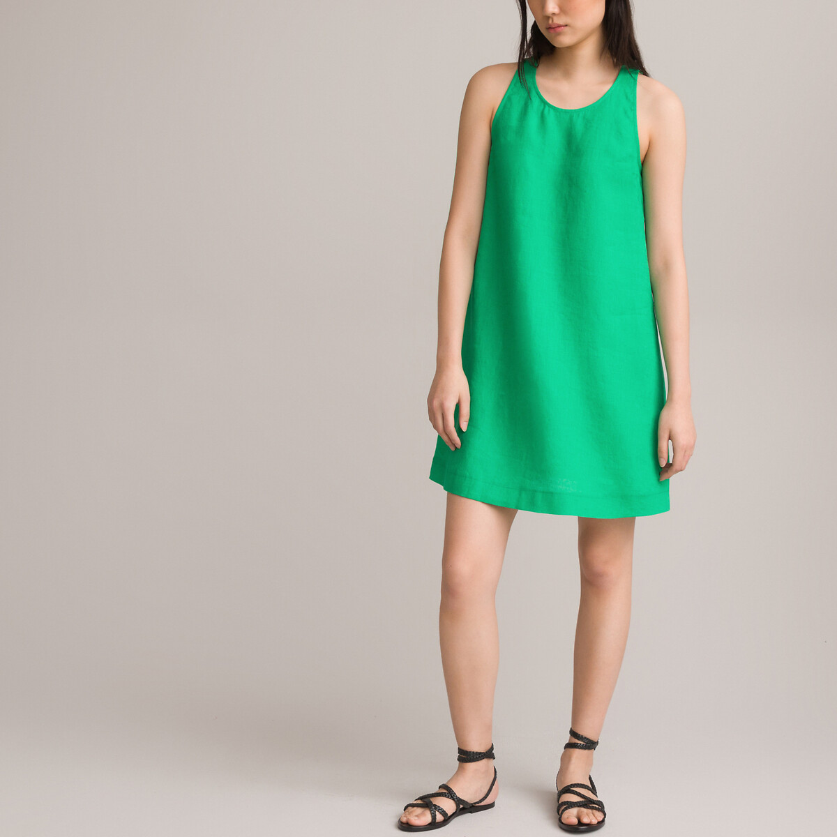 Платье Короткое без рукавов 100 лен 54 зеленый LaRedoute, размер 54 - фото 3