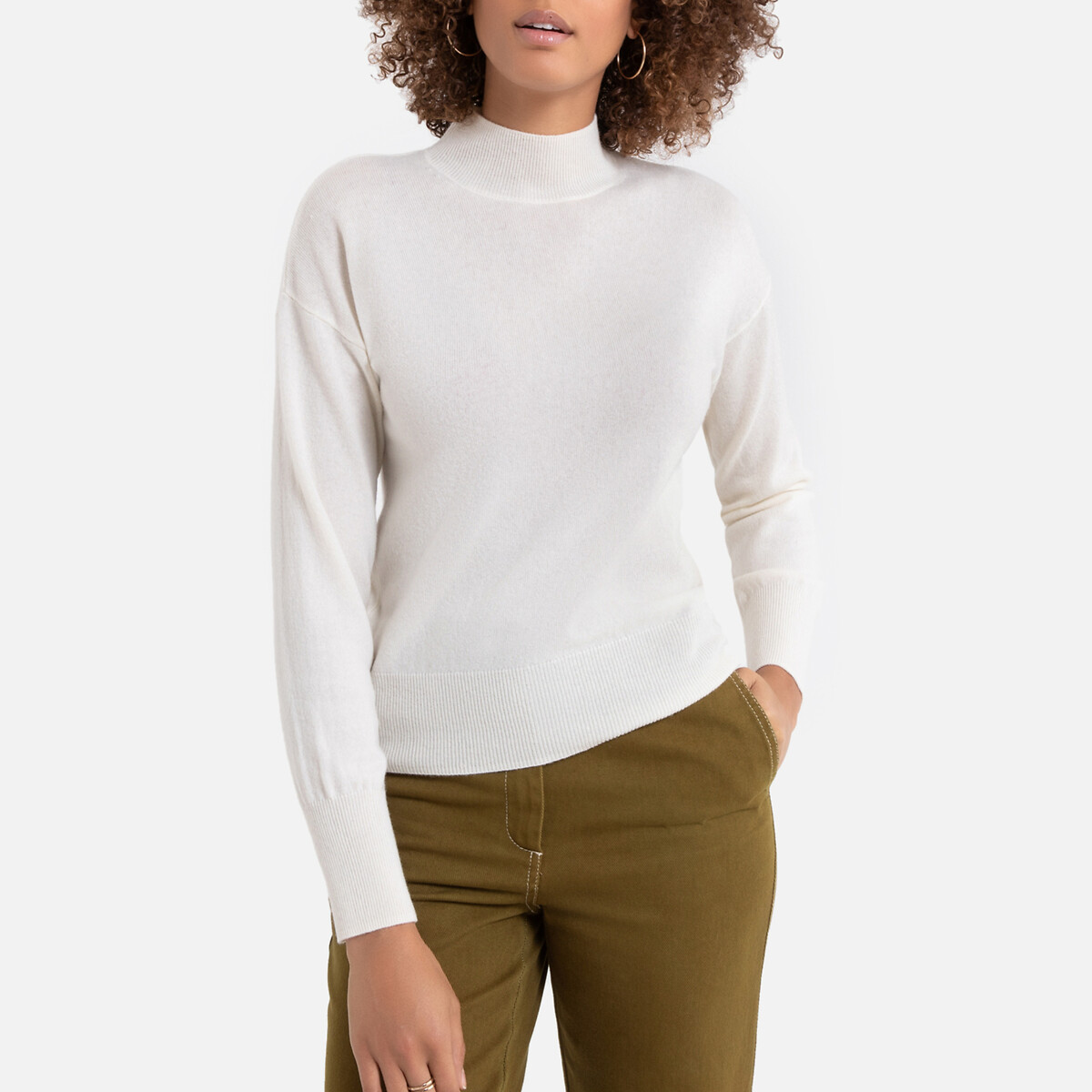 Пуловер La Redoute Из кашемира и шерсти с отворачивающимся воротником S белый, размер S - фото 1