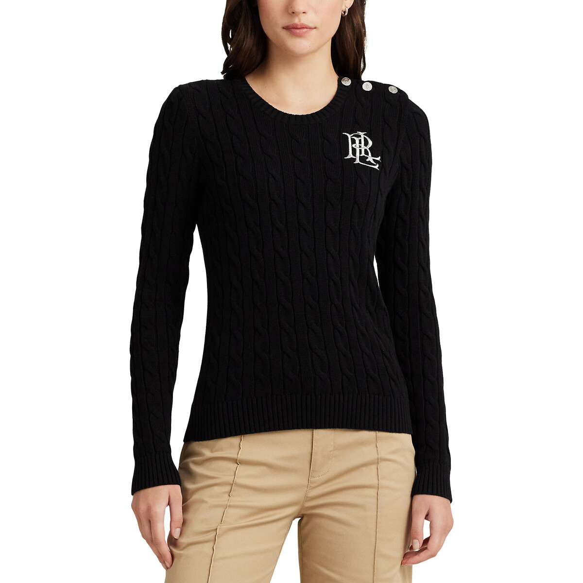 Пуловер с витым узором и круглым вырезом XS черный