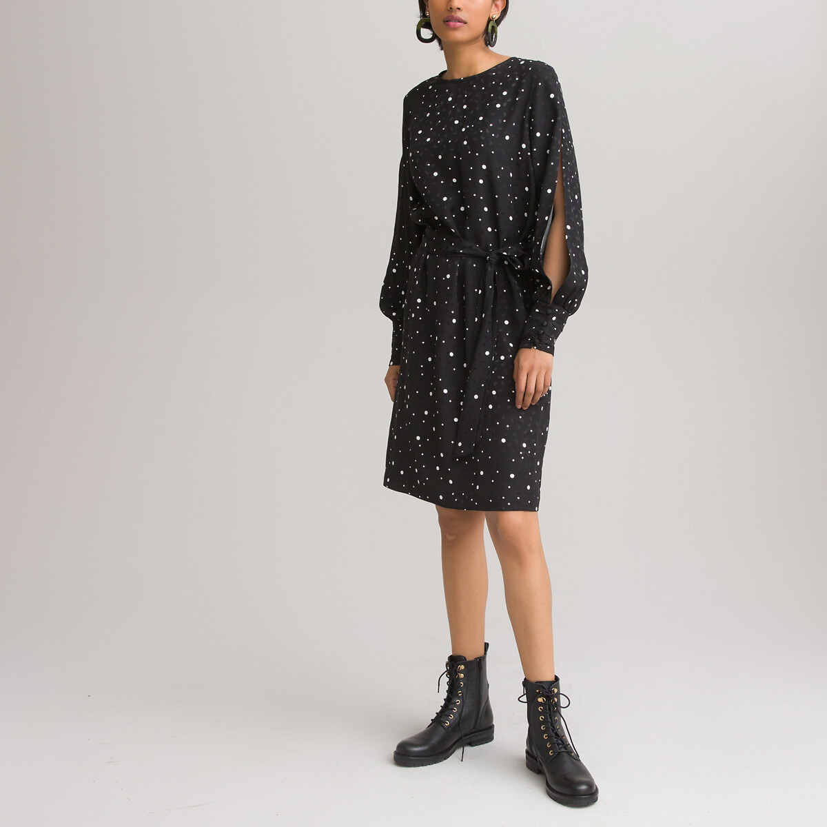 Платье LaRedoute Прямое круглый вырез с длинными рукавами в горошек 42 черный, размер 42 - фото 1