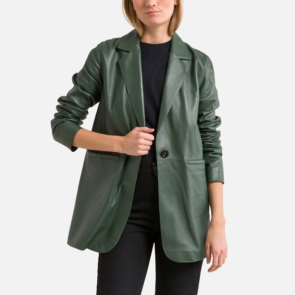Пиджак костюмный прямого покроя из кожи SISAL  XS зеленый LaRedoute, размер XS