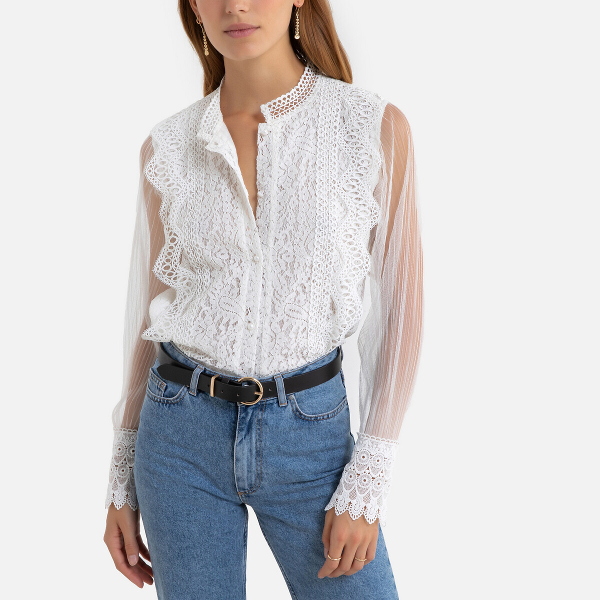

Блузка LaRedoute, Бежевый, Из кружева с длинными рукавами M бежевый