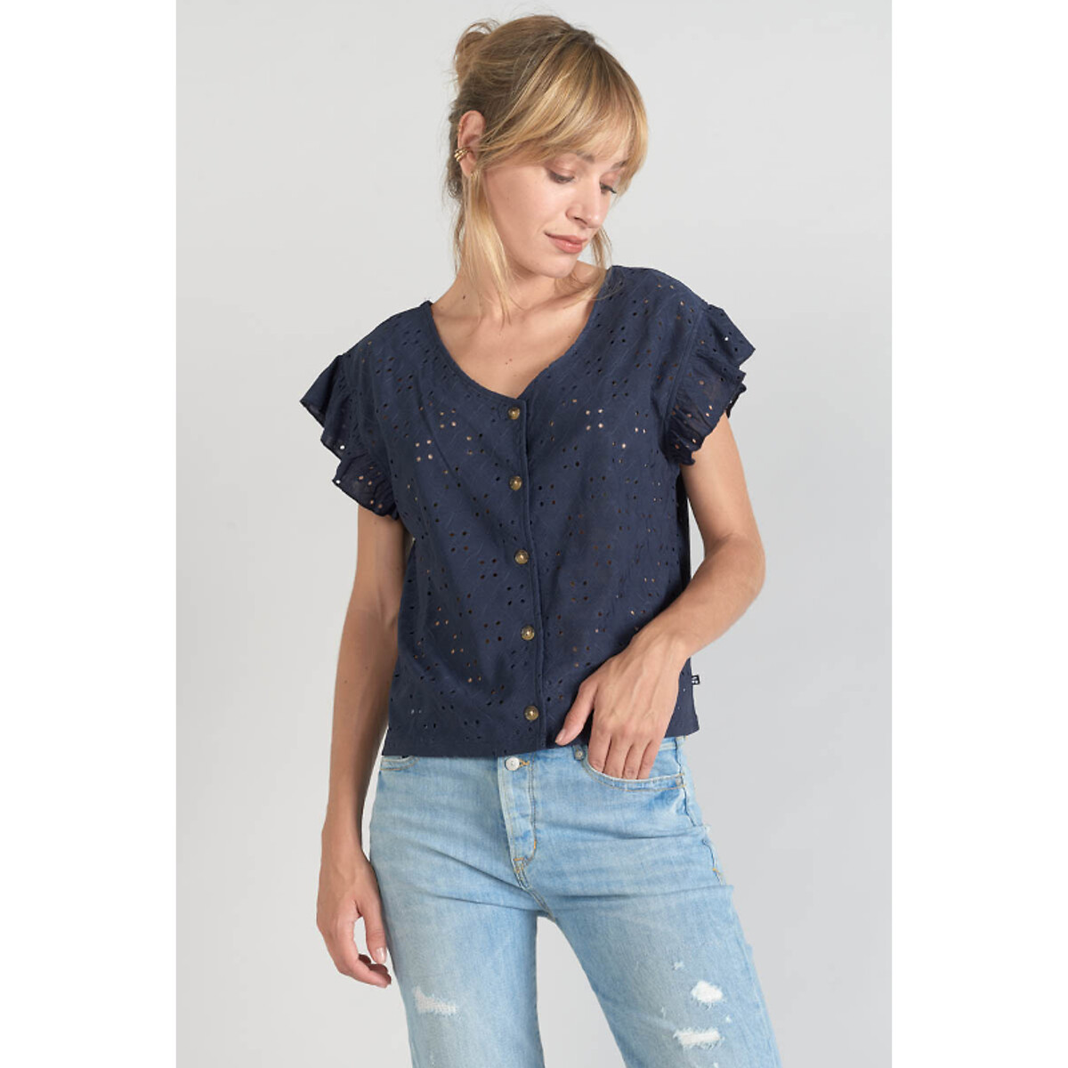 Блузка С вышивкой короткими рукавами и V-образным вырезом XL синий LaRedoute, размер XL - фото 1