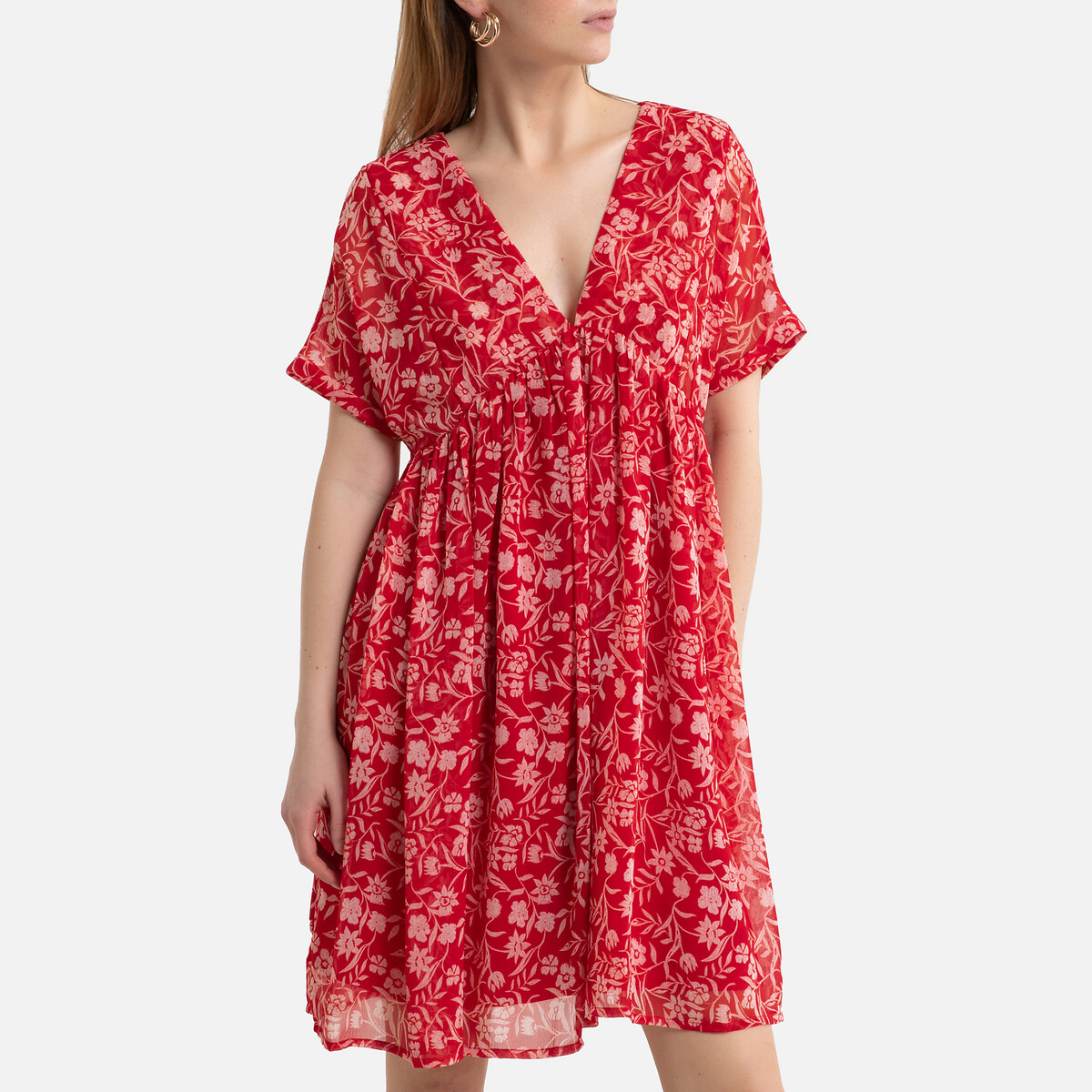 Платье LaRedoute Короткое расклешенное с цветочным рисунком M красный, размер M - фото 1