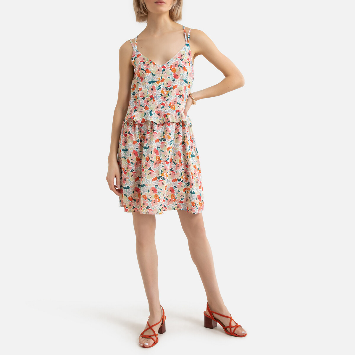 Платье LaRedoute Короткое бретели с цветочным узором перекрещенные сзади XS бежевый, размер XS - фото 2