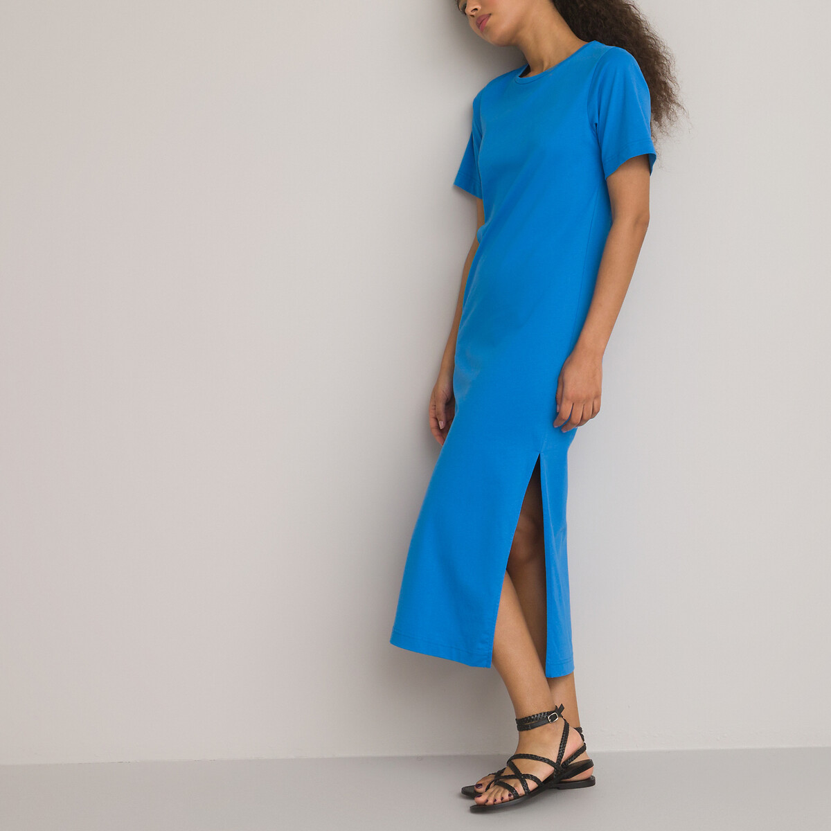 Платье-футболка Длинное с круглым вырезом и короткими рукавами XXL синий
