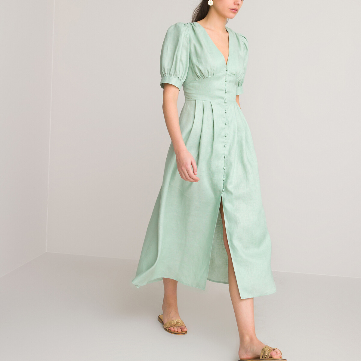 Платье LA REDOUTE COLLECTIONS Из льна длинное V-образный вырез короткие рукава 48 зеленый, размер 48 - фото 2