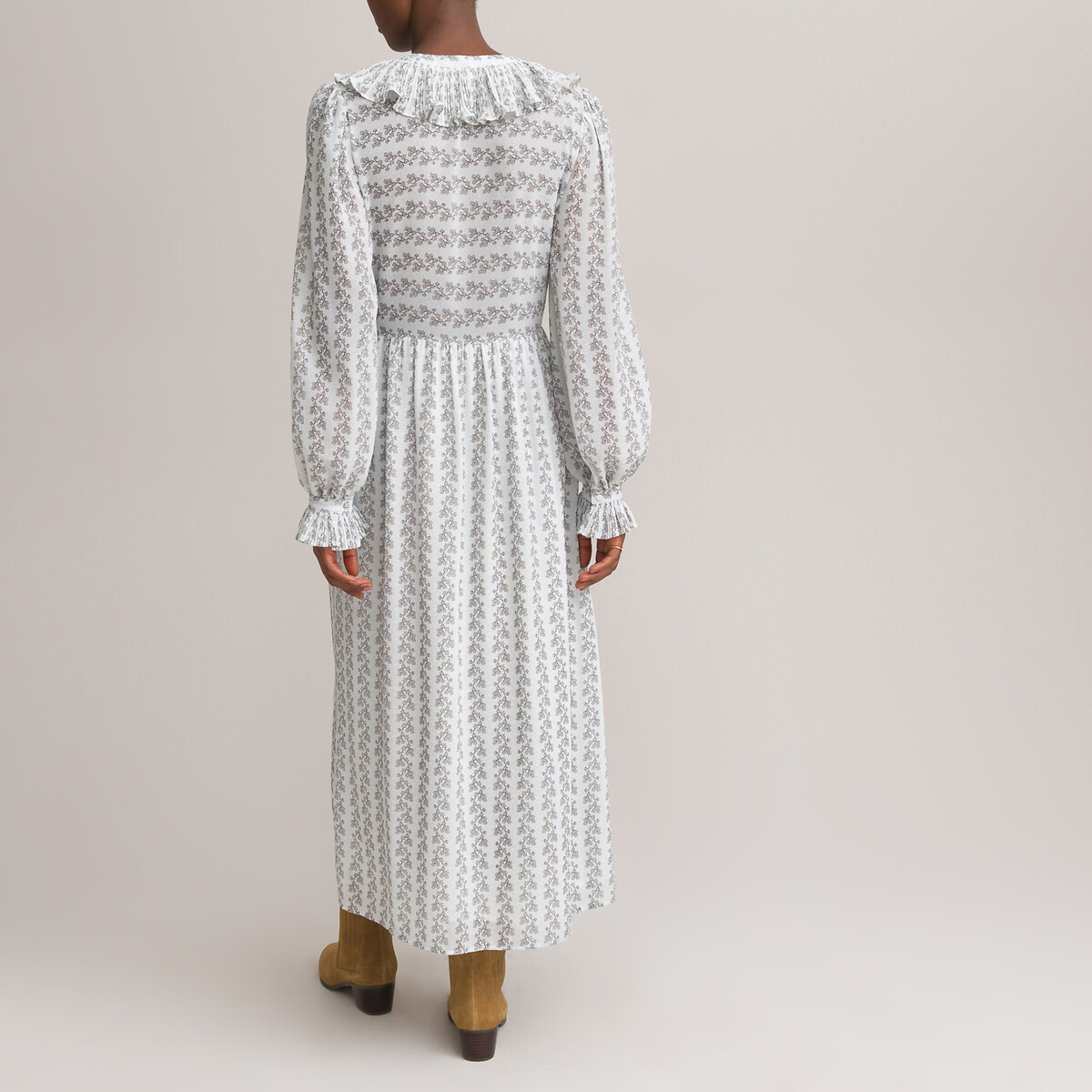 Платье LaRedoute Длинное с V-образным вырезом и длинными рукавами с принтом 44 бежевый, размер 44 - фото 4