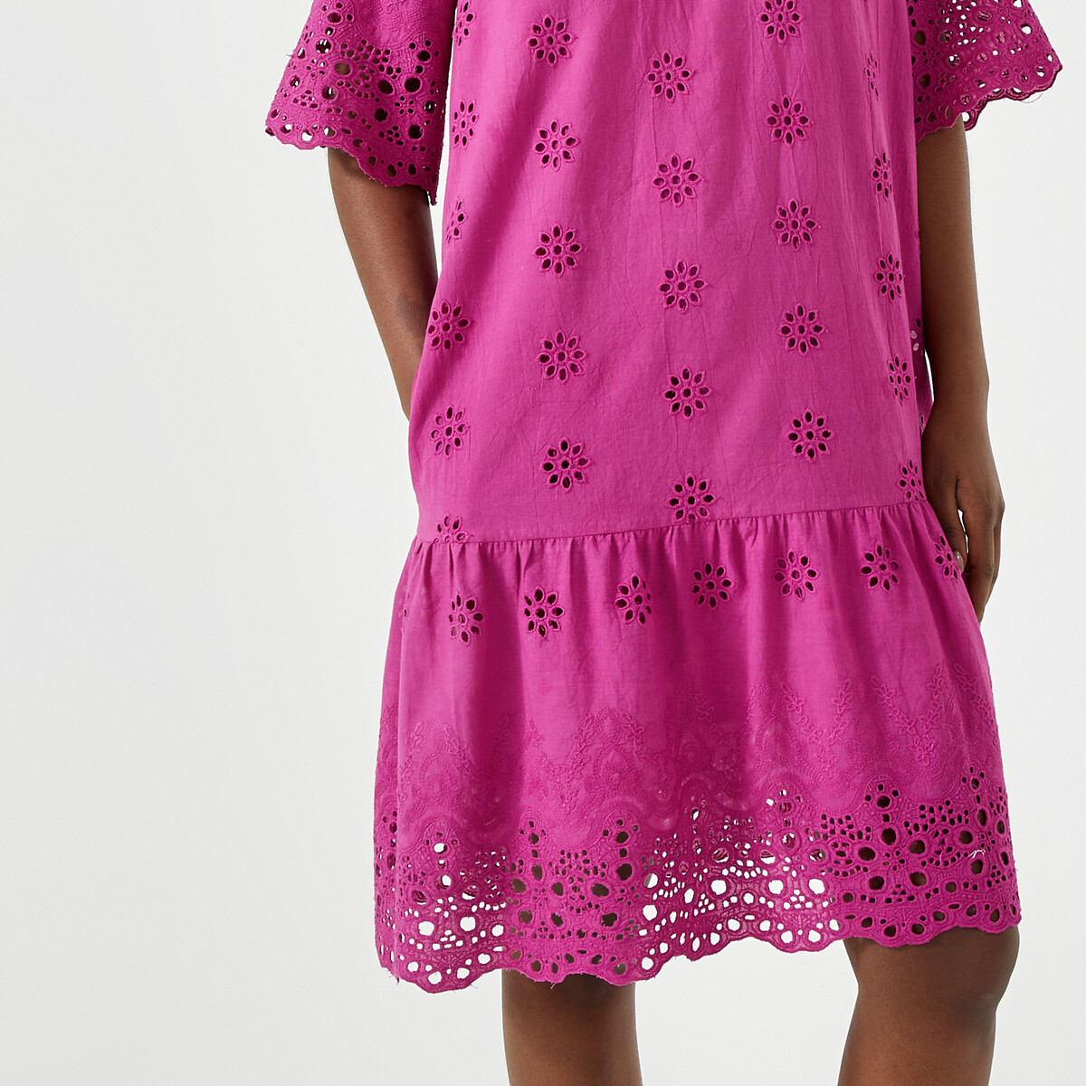 Платье-миди расклешенное с вышивкой короткими рукавами  50 розовый LaRedoute, размер 50 - фото 3