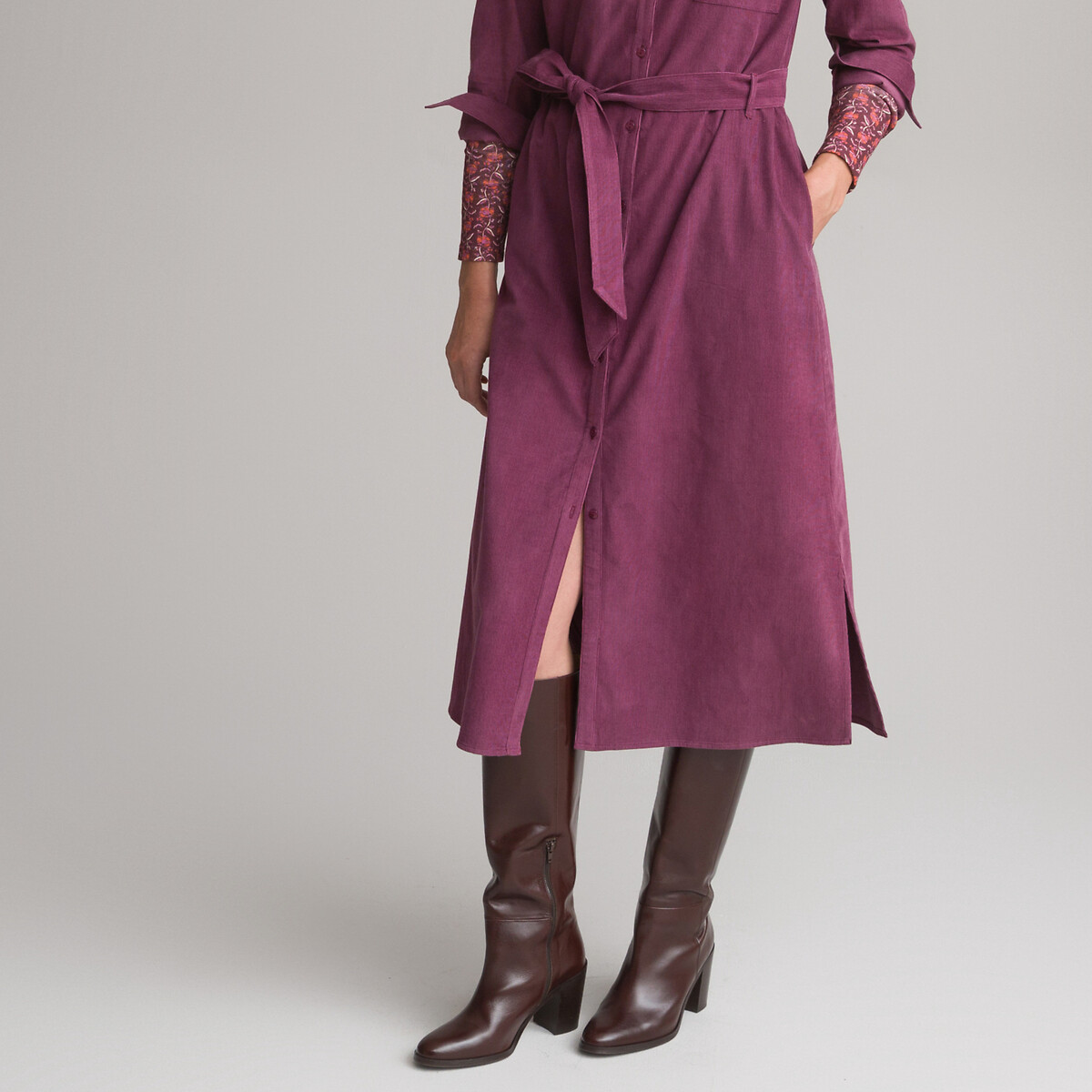 Платье прямое из рифленого велюра длинные рукава  42 фиолетовый LaRedoute, размер 42 - фото 3