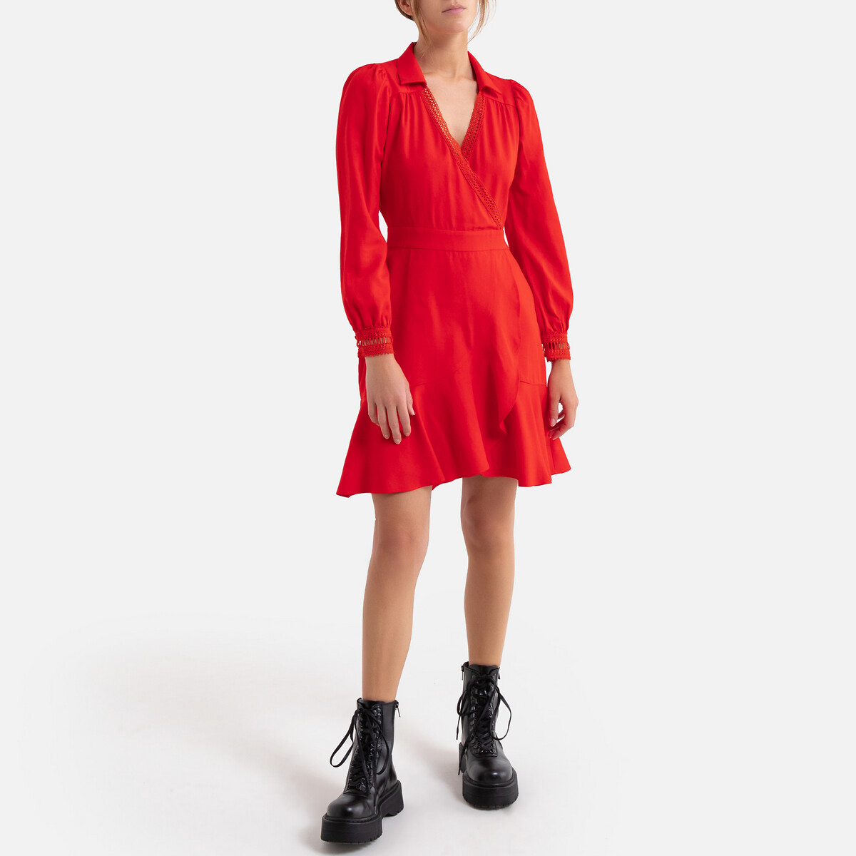 Платье La Redoute Короткое с V-образным декольте длинные рукава 3(L) красный, размер 3(L) Короткое с V-образным декольте длинные рукава 3(L) красный - фото 2