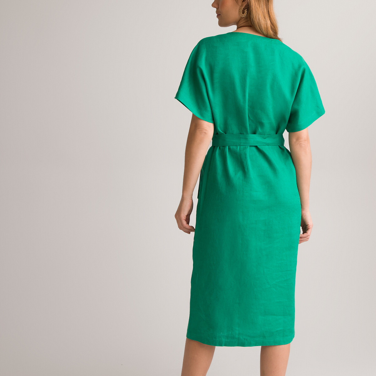 Прямое Платье из льна до колен с короткими рукавами 52 зеленый LaRedoute, размер 52 - фото 4