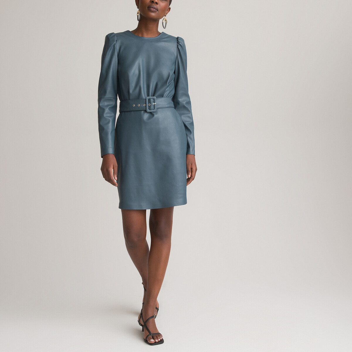 Платье LA REDOUTE COLLECTIONS С круглым вырезом и длинными рукавами из искусственной кожи 48 синий, размер 48 - фото 2