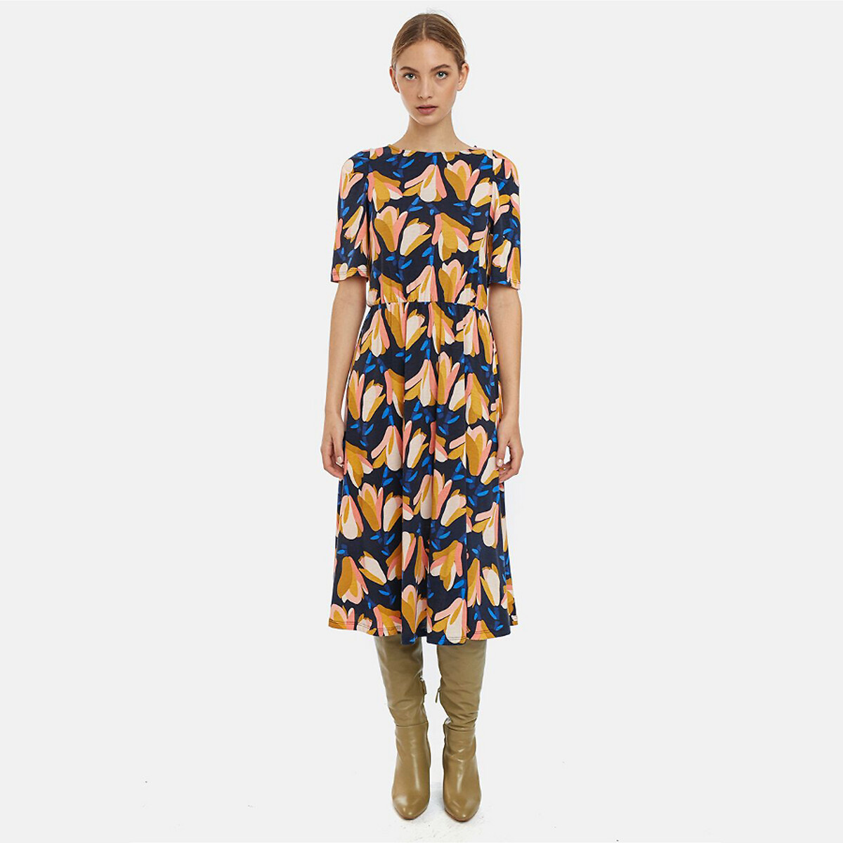 Платье La Redoute С принтом короткие рукава миди XS синий, размер XS - фото 1