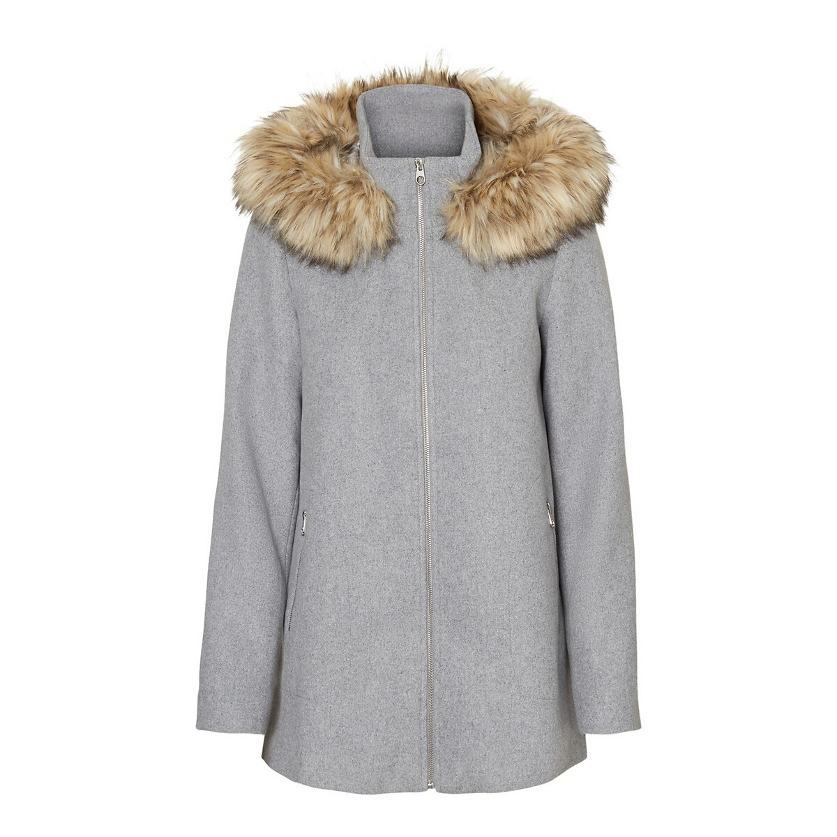 Пальто LaRedoute Средней длины капюшон с имитацией меха M серый, размер M - фото 5