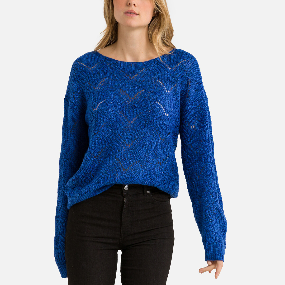Пуловер с круглым вырезом из ажурного трикотажа M синий