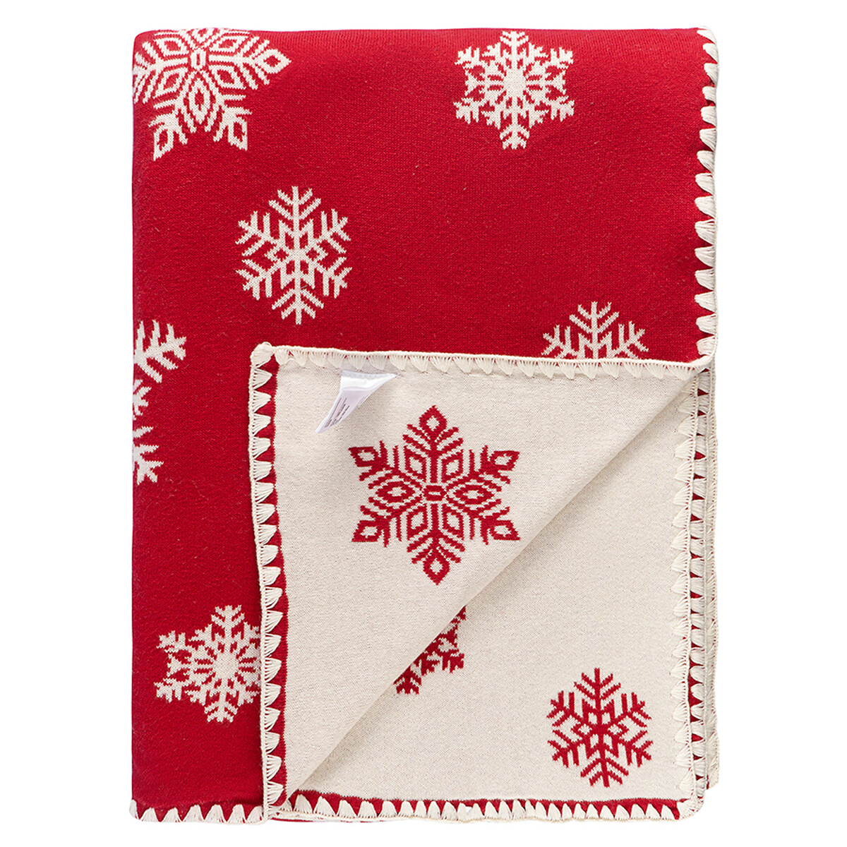 Плед из хлопка с новогодним рисунком Fluffy snowflakes из коллекции New Year Essential 130х180 см  130 x 180 см красный LaRedoute, размер 130 x 180 см - фото 3