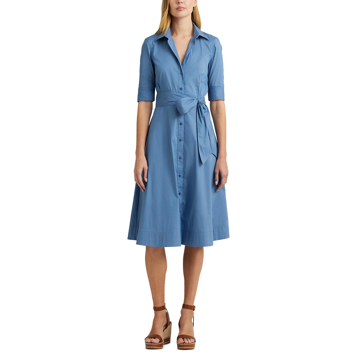 Платье-миди с поясом и короткими рукавами FINNBARR  46 синий LaRedoute, размер 46 - фото 1