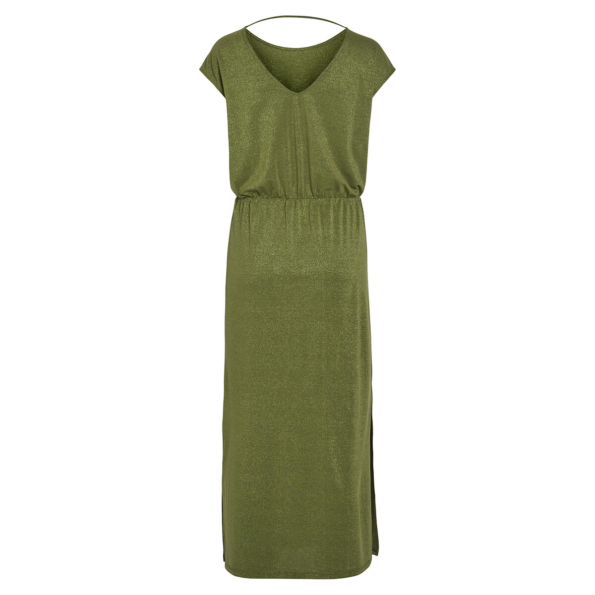 Платье Длинное короткие рукава блестящий трикотаж L зеленый