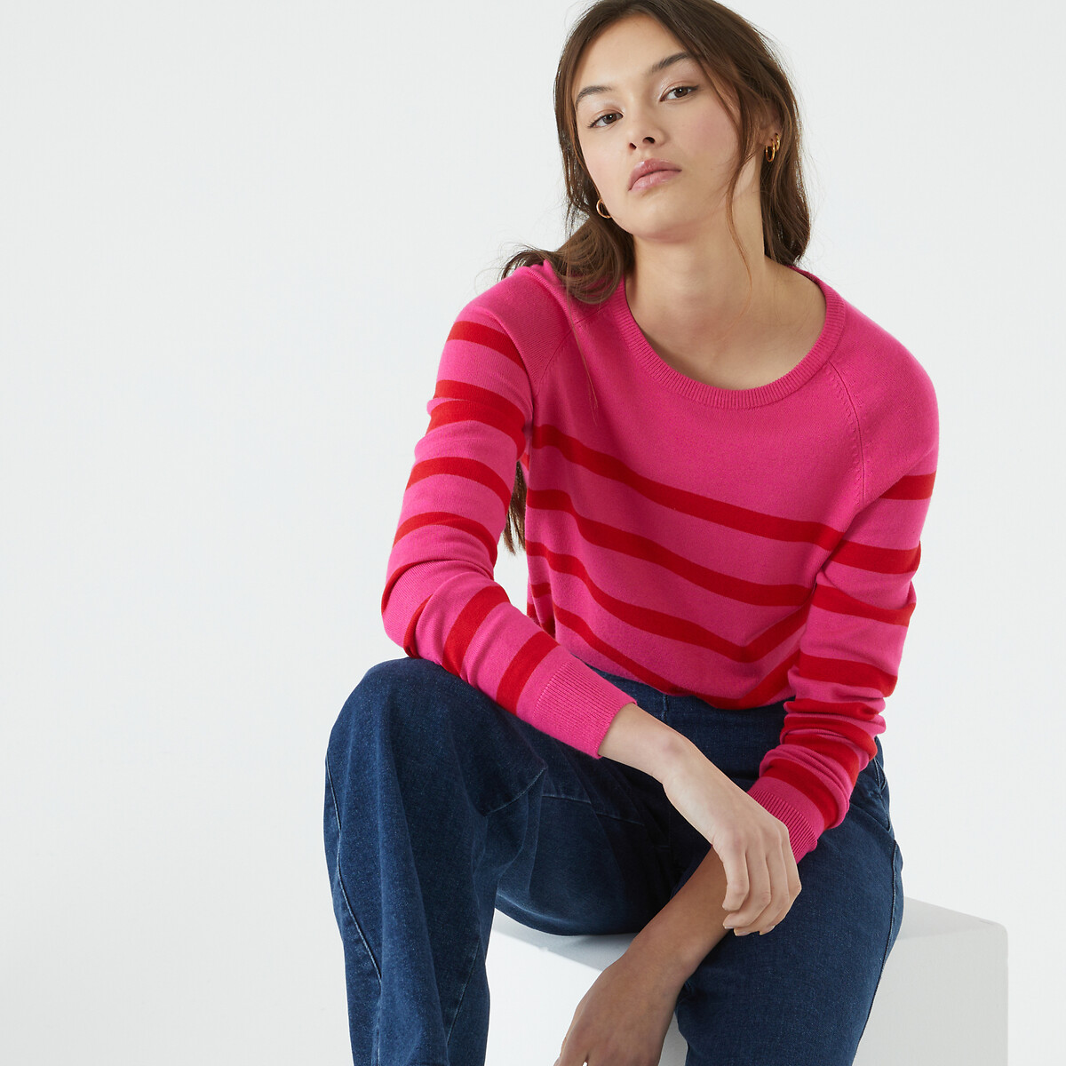 Пуловер базовый с круглым вырезом длинными рукавами принтом в полоску  M розовый LaRedoute, размер M - фото 3